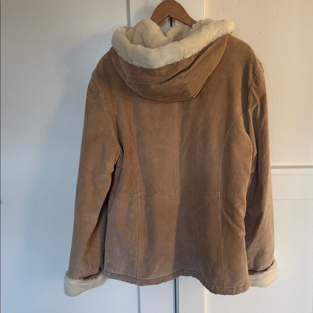 Shearling-Lined Hooded Suede Jacket - Cream Trim - Picture 2 of 16